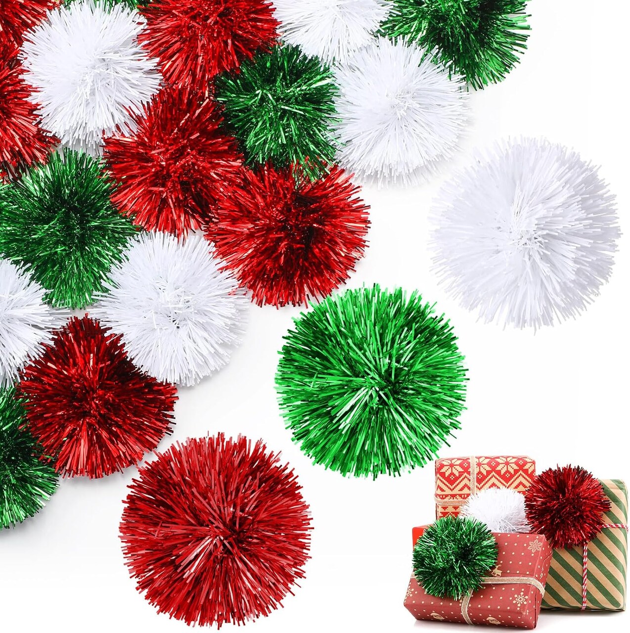 40 Pcs 4 Inch Christmas Tinsel Bows for Gift Wrapping Self Adhesive Pom Poms Colored Tinsel Bows for Crafts Presents Baskets Christmas Tree Decoration(Red, Green, White)